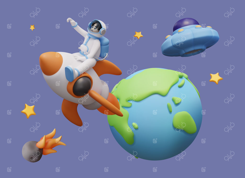 طرح مفهومی و خلاقانه فضا، فضانورد، موشک فضایی، بشقاب پرنده، سیاره، ستاره دنباله‌دار و ستارگان