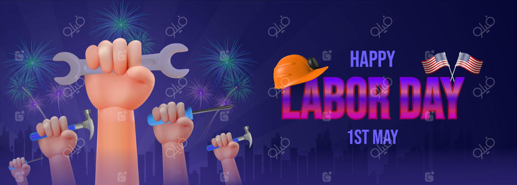 جشن روز کارگر با ابزارها و آتش‌بازی در پس‌زمینه تیره