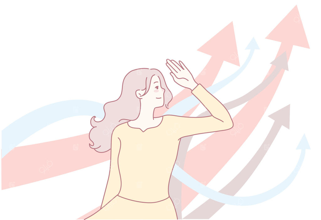 توانمندسازی رشد: زنی در میان فلش‌ها و امواج صعودی که نماد موفقیت‌اند