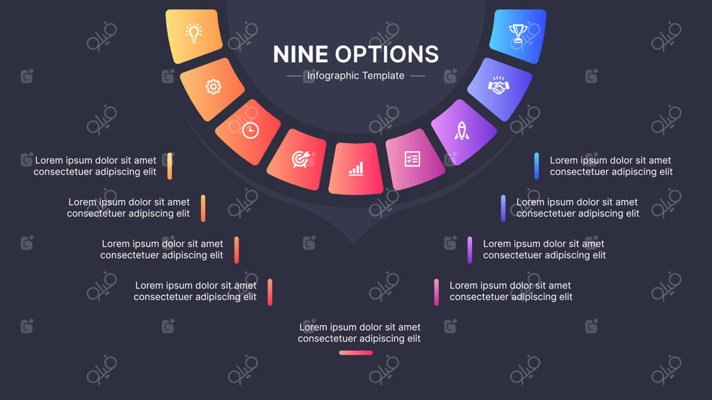 الگوی طراحی مدرن اینفوگرافیک تجاری با 9 مرحله در قالب دایره‌ای