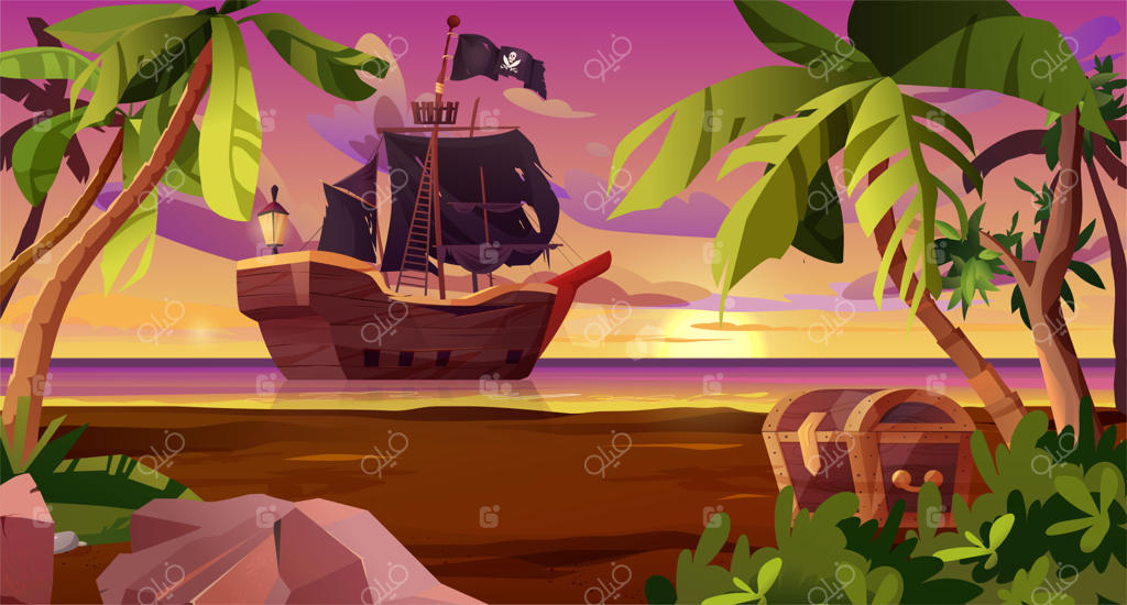 کشتی دزدان دریایی با پرچم سیاه در دریا و صندوقچه‌ای در ساحل