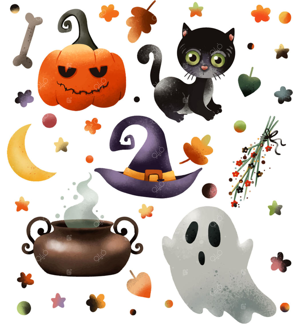 تزئینات هالووین با کلاه شبح، دیگ جادو، و عنکبوت روی زمینه سفید