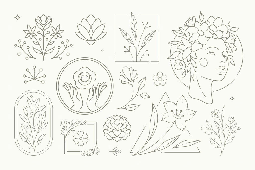 مجموعه لوگوی خطی گل و گیاه طبیعی تزئین‌شده با عناصر طراحی ویژه عید پاک و روز مادر