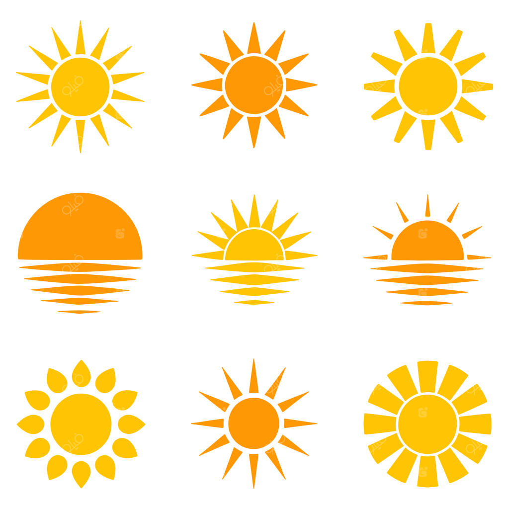 مجموعه آیکون و تصویرسازی‌های متنوع خورشید به رنگ زرد و نارنجی