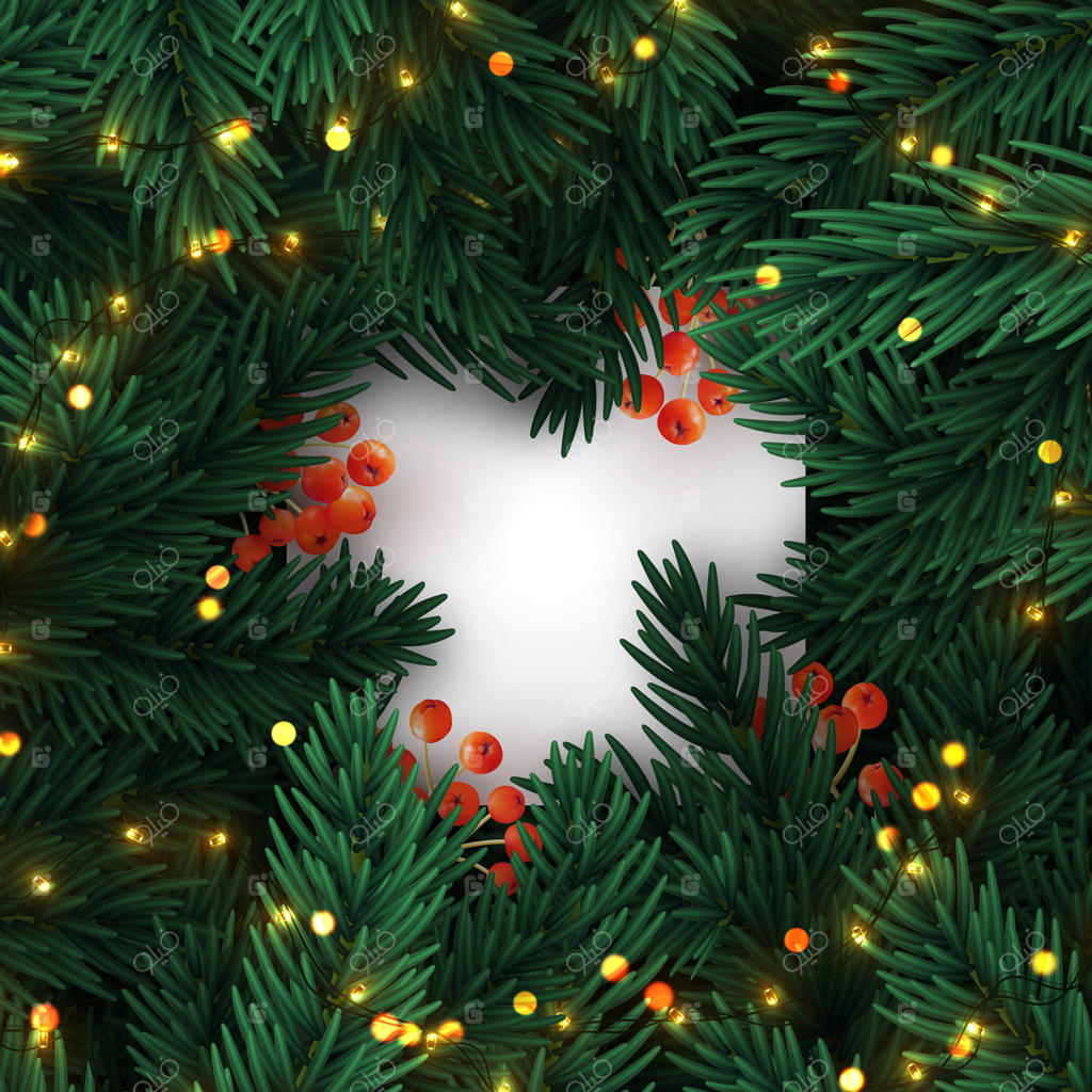 شاخه‌های درخت کریسمس: قاب سبز از شاخه‌های کاج با رشته‌های طلایی چراغانی. حاشیه جشن کریسمس. تصویر برداری.