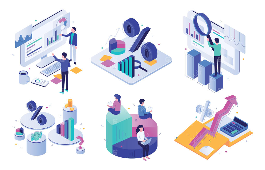 حسابرسی مالی: مجموعه ای از تصویرسازی‌های ایزومتریک 3D برای نمودار بودجه، کارشناس مالیاتی و ارزیابی تراز مالی کسب‌وکار