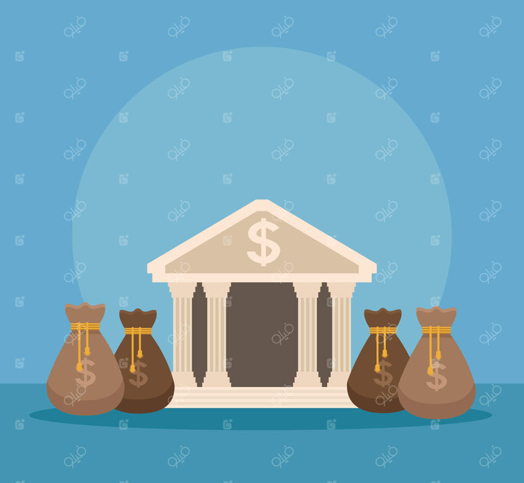 ساختمان بانک با کیسه‌های پول