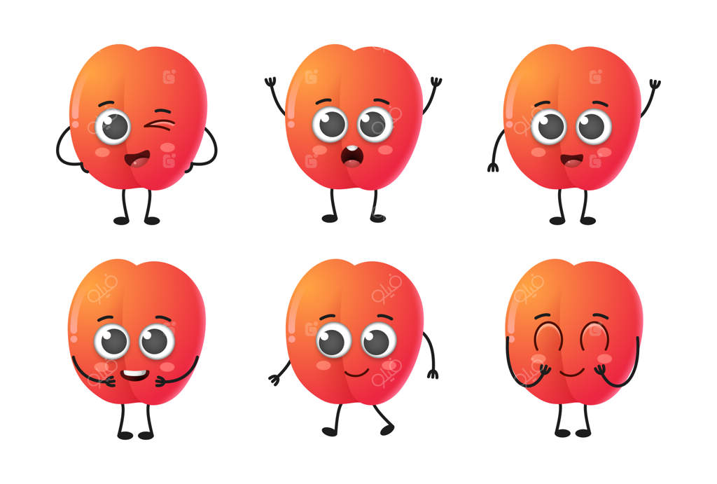 مجموعه شخصیت های کارتونی بامزه از میوه شلیل وکتور، جدا شده بر روی زمینه سفید