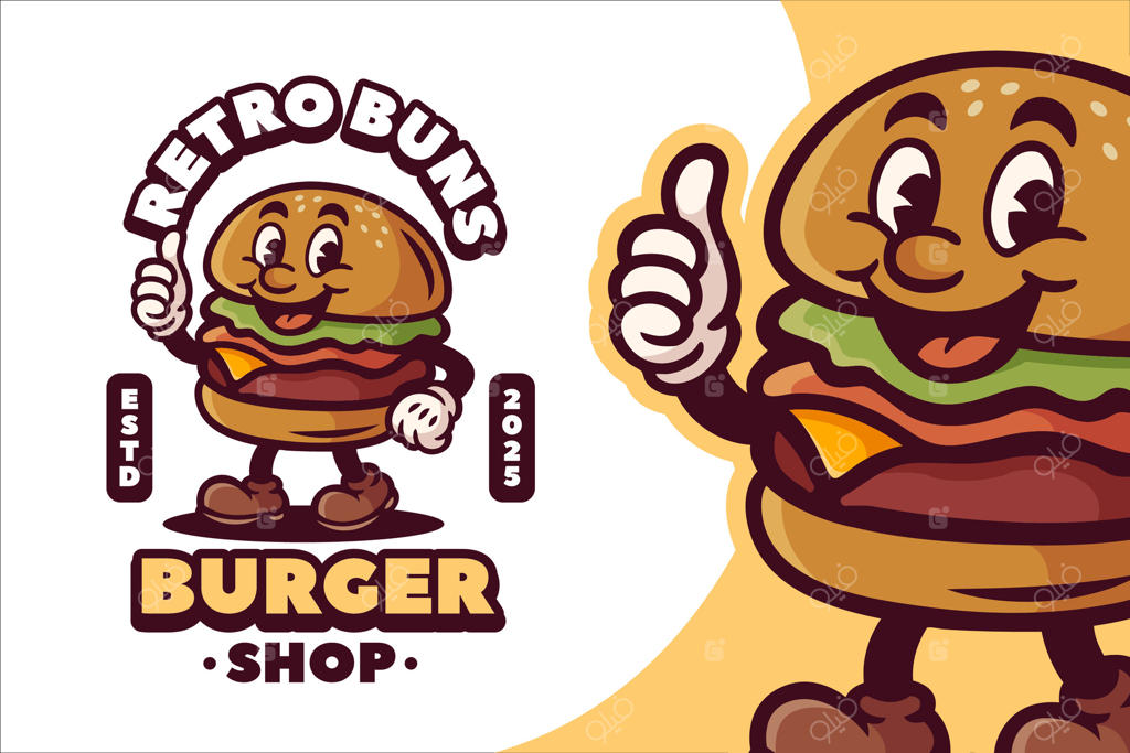 لوگوی نوستالژیک برای همبرگر شاپ و کافه: کاراکتر کارتونی همبرگر خوشحال به سبک قدیمی