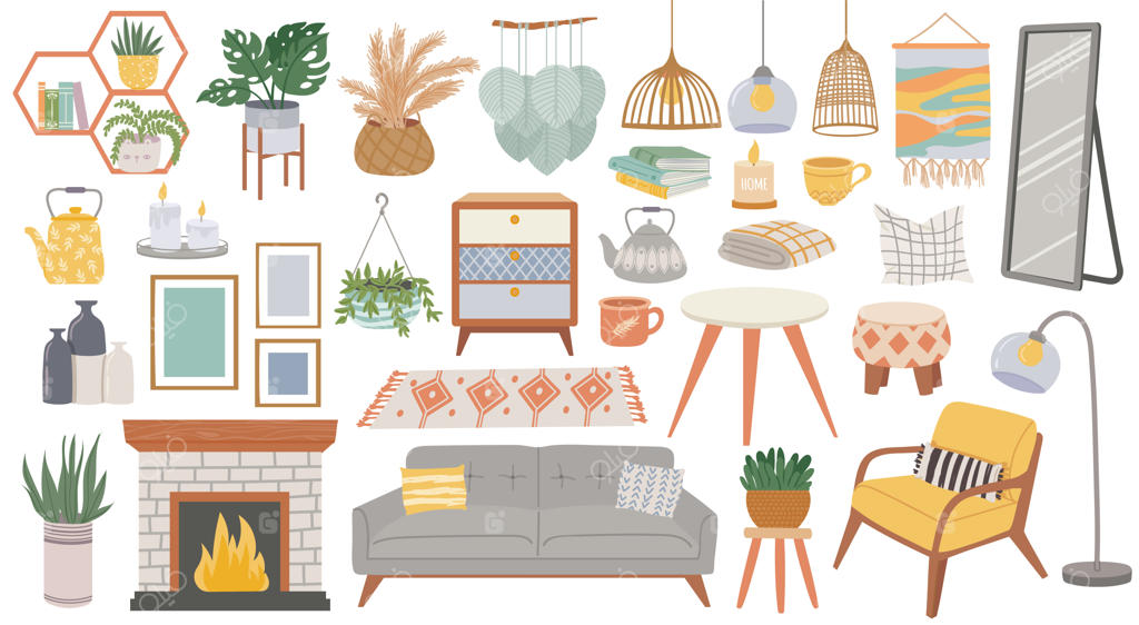 مبلمان اسکاندیناوی: دکوراسیون راحت و دنج برای اتاق نشیمن. سبک هوگه با گیاهان، لامپ، صندلی راحتی، بالش و مبل. مجموعه بوهویی با کتری، کتاب‌ها، شومینه و تابلوهای نقاشی