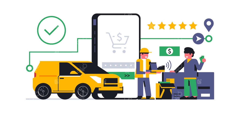 سرویس تحویل غذای آنلاین به منزل: پرداخت بدون تماس، بازخورد پنج‌ستاره به پیک، سفارش با اپلیکیشن گوشی، کارت بانکی یا پول نقد، همراه با تصویرسازی جذاب