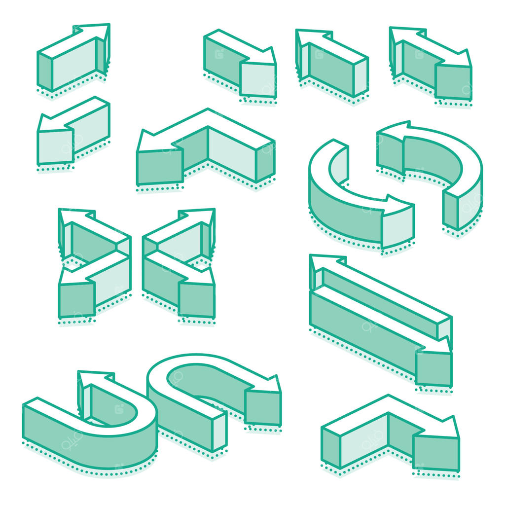 مجموعه پیکان. تصویر ایزومتریک از پیکان‌های سبز روی زمینه سفید.