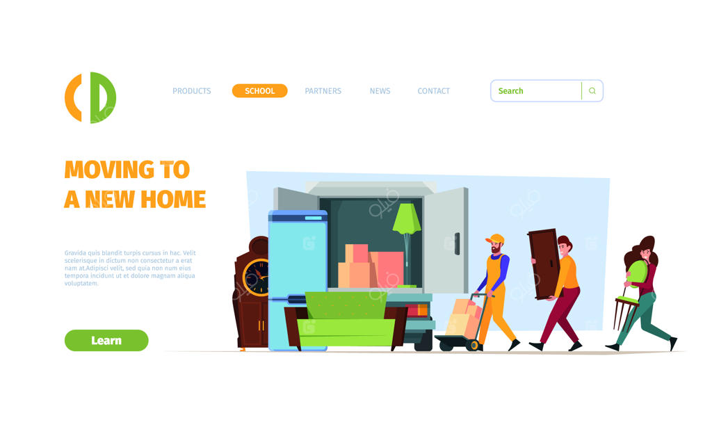 حمل و نقل اثاثیه به خانه جدید همراه با بسته‌های کارتنی و افراد: پترن صفحه وب جذاب و پر رنگ