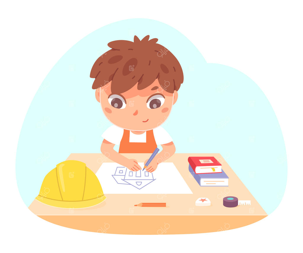 معمار کوچک: نقشه‌کشی ساختمان توسط پسر بچه با استعداد در حال کار بر روی پروژه ساخت و ساز، طراحی نقشه توسط کودک با شخصیت جذاب