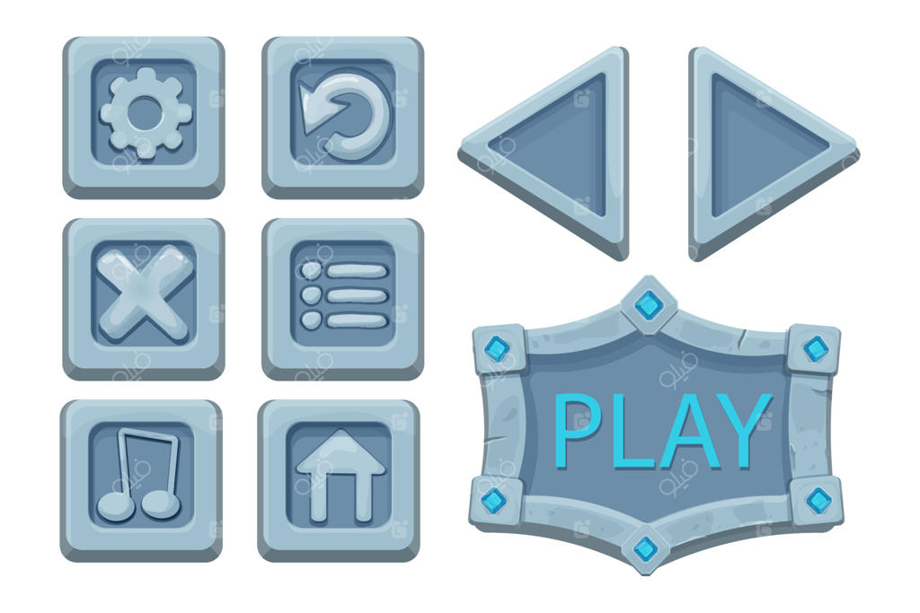 تنظیم دکمه‌های رابط کاربری روی بلوک سنگی به سبک کارتونی کامیک، عنصر طراحی بازی، شی رابط کاربری جدا شده بر روی پس‌زمینه سفید. تصویر برداری