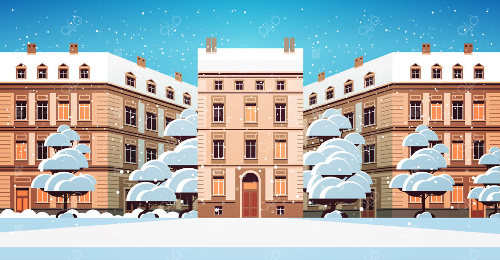 خیابان شبانه زمستانی با خانه‌های مدرن و نمای ساختمان‌های شهری - تصویر پس‌زمینه افقی از منظر شهری