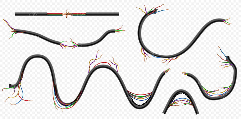 سیم‌های برق مسی پاره و آسیب‌دیده: کابل‌های قطع‌شده و خطرناک. مجموعه‌ای از سیم‌های بدون عایق و خطرناک. قطع ارتباط و خطر برق.