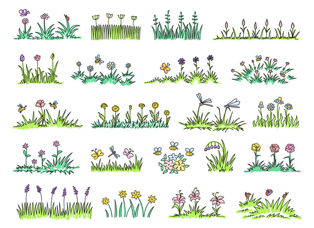 دسته‌های چمن بهاری دست‌کِشیده. طرح‌های رنگارنگ باغ با تکه‌های چمن، گل‌های شکوفا و حشرات در حال پرواز. مجموعه‌ای از سرسبزی چمنزارهای جداگانه