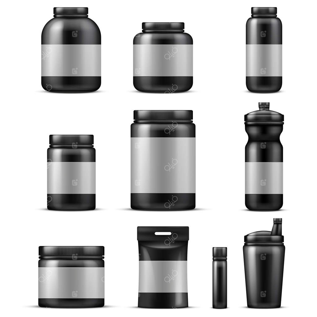 ظرف‌های غذایی ورزشی: بسته شامل ظرف پودر پروتئین و بطری پلاستیکی نوشیدنی. مجموعه وکتور از تغذیه پروتئینی ورزشی