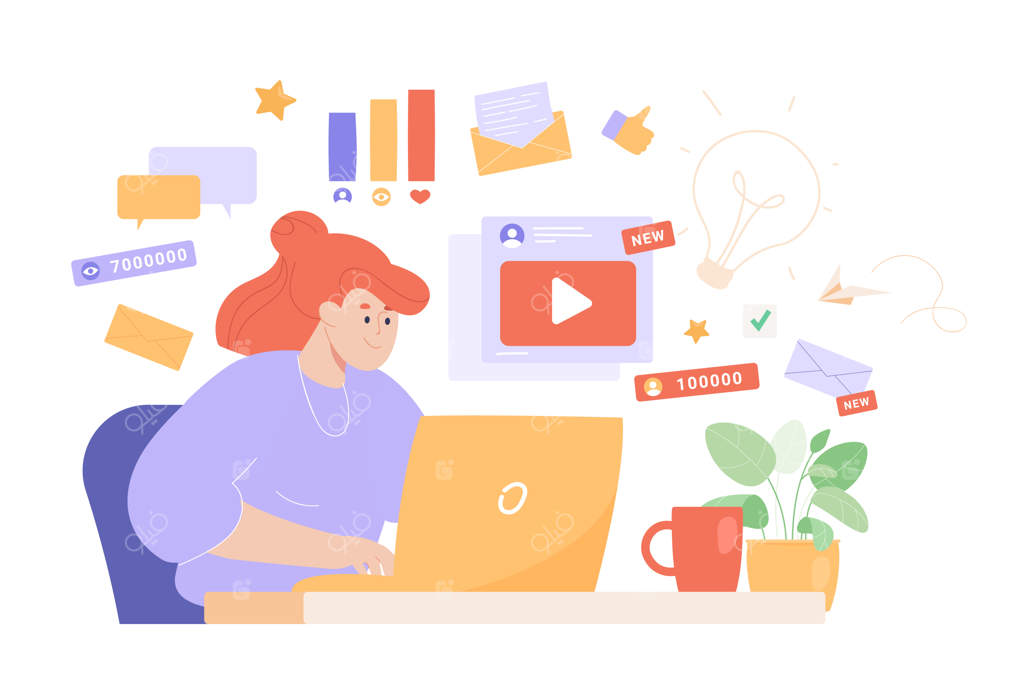 زن کارآفرین پرمشغله با استراتژی مؤثر. زن جوان کارتونی در محیط کار، تحلیل بازاریابی. تصویر وکتور تخت. موفقیت، مدیریت شبکه‌های اجتماعی، فناوری، کار از راه دور یا مفهوم فریلنسری برای بنر.