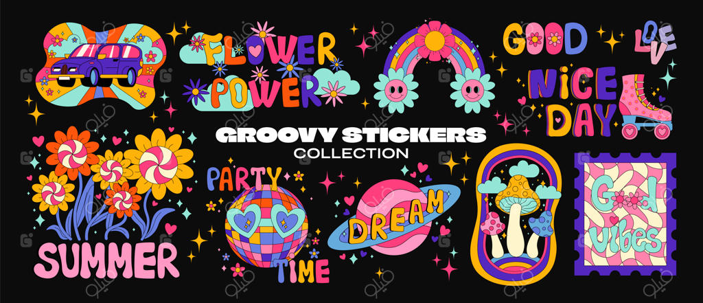 برچسب‌های هیپی دهه ۷۰ با عناصر روانگردان، قارچ‌های کارتونی فانکی و رنگین‌کمان جذاب