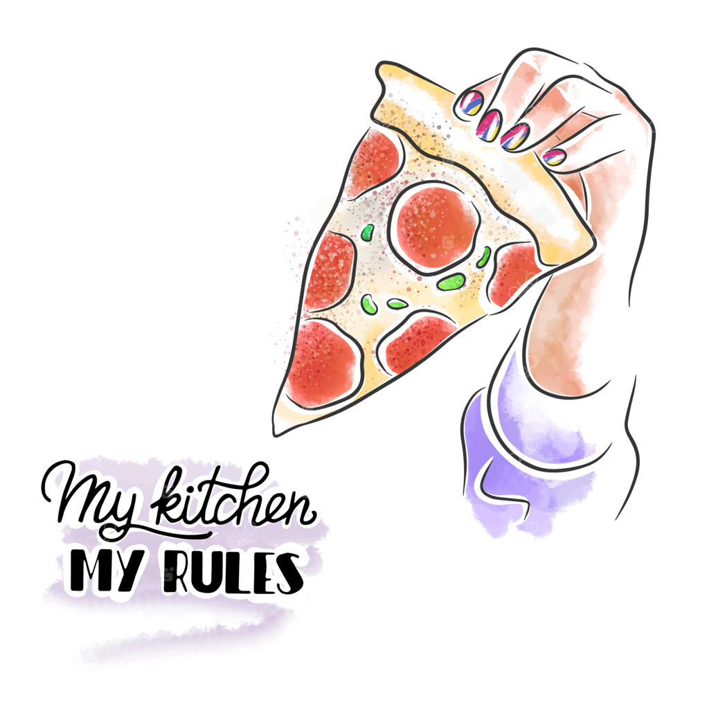 دست با مانیکور مد روز پیتزا را نگه داشته است، نوشته، آبرنگ