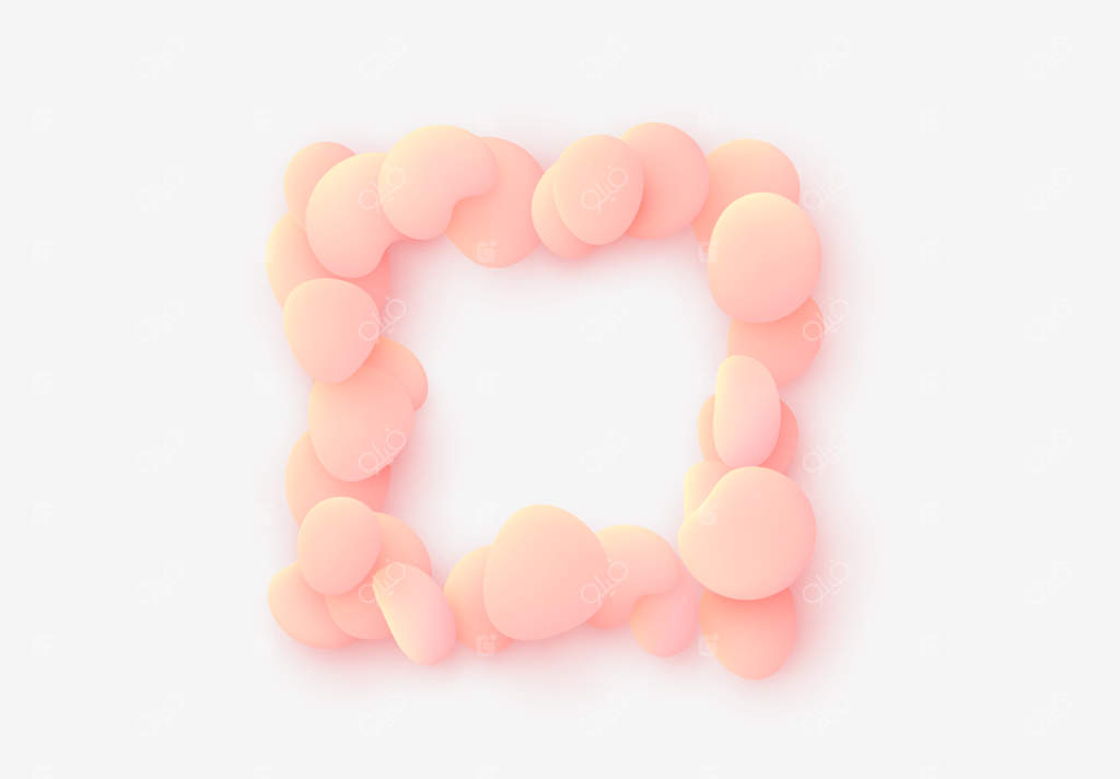 مربع صورتی با پس‌زمینه جدا شده: عناصر طراحی با شکل‌های گرد و پلاستیکی مایع، سنگ‌های صیقلی دریایی، حباب‌های تخت مایع. اشیاء سه‌بعدی سیال. پترن مدرن و انتزاعی مواد آلی.