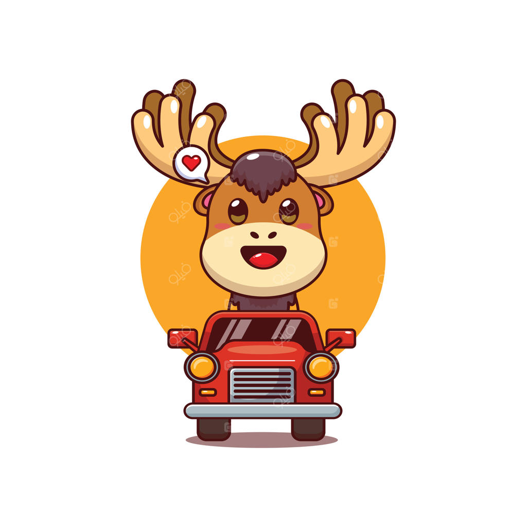 تصویر شخصیت کارتونی گوزن بامزه در حال رانندگی ماشین