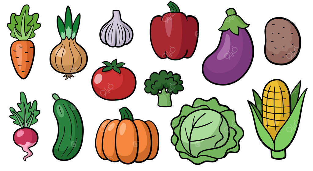 مجموعه سبزیجات کارتونی: مجموعه‌ای رنگارنگ با خطوط پررنگ مشکی، عناصر بامزه غذاهای ارگانیک و محصولات تازه مزرعه.