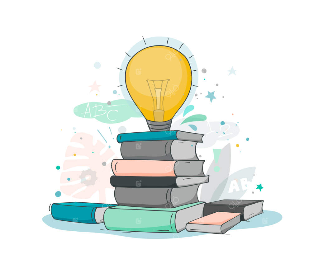 ایده کارتون از انباشت کتاب با چراغ. صحنه کوچک و بامزه درباره ادبیات و خلاقیت. تصویرسازی دستی برای طراحی آموزشی.