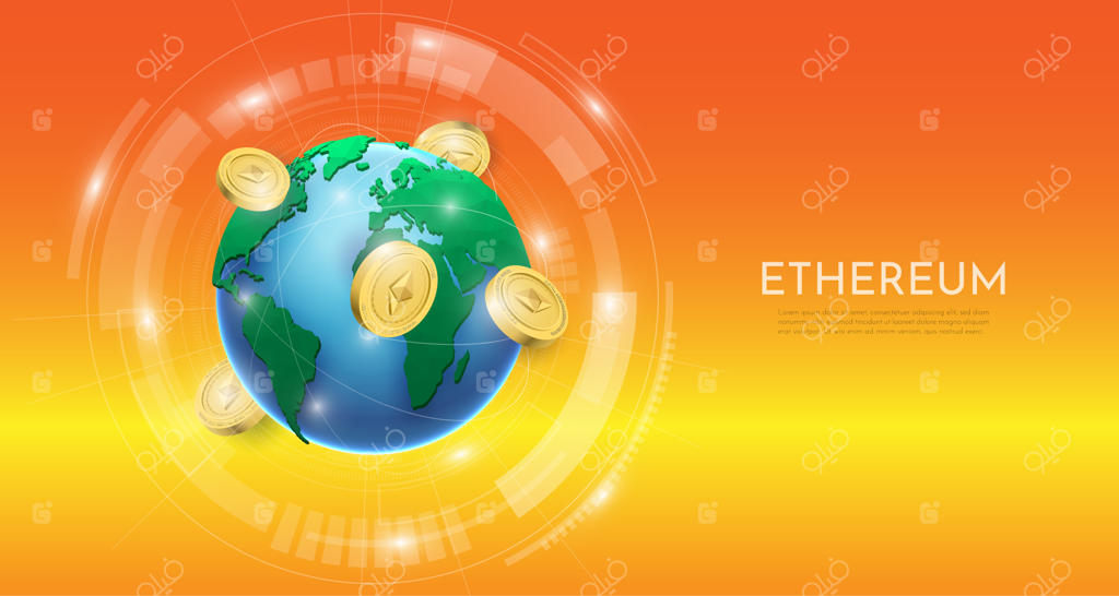 مفهوم فناوری بلاکچین با اترئوم سه‌بعدی و پس‌زمینه جهانی، وکتور واقع‌گرایانه