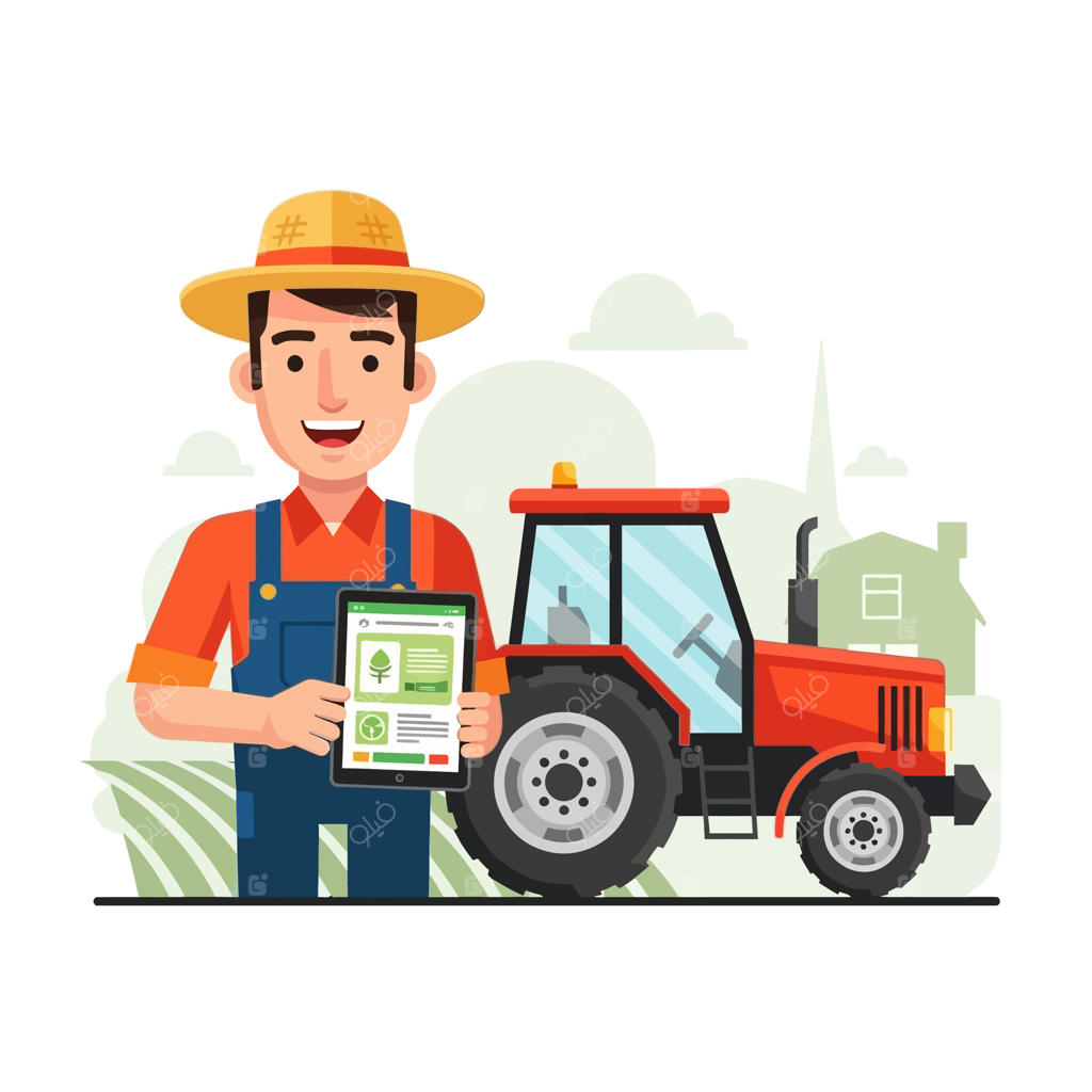 کشاورز مدرن تبلت به دست در کنار تراکتور و منظره مزرعه
