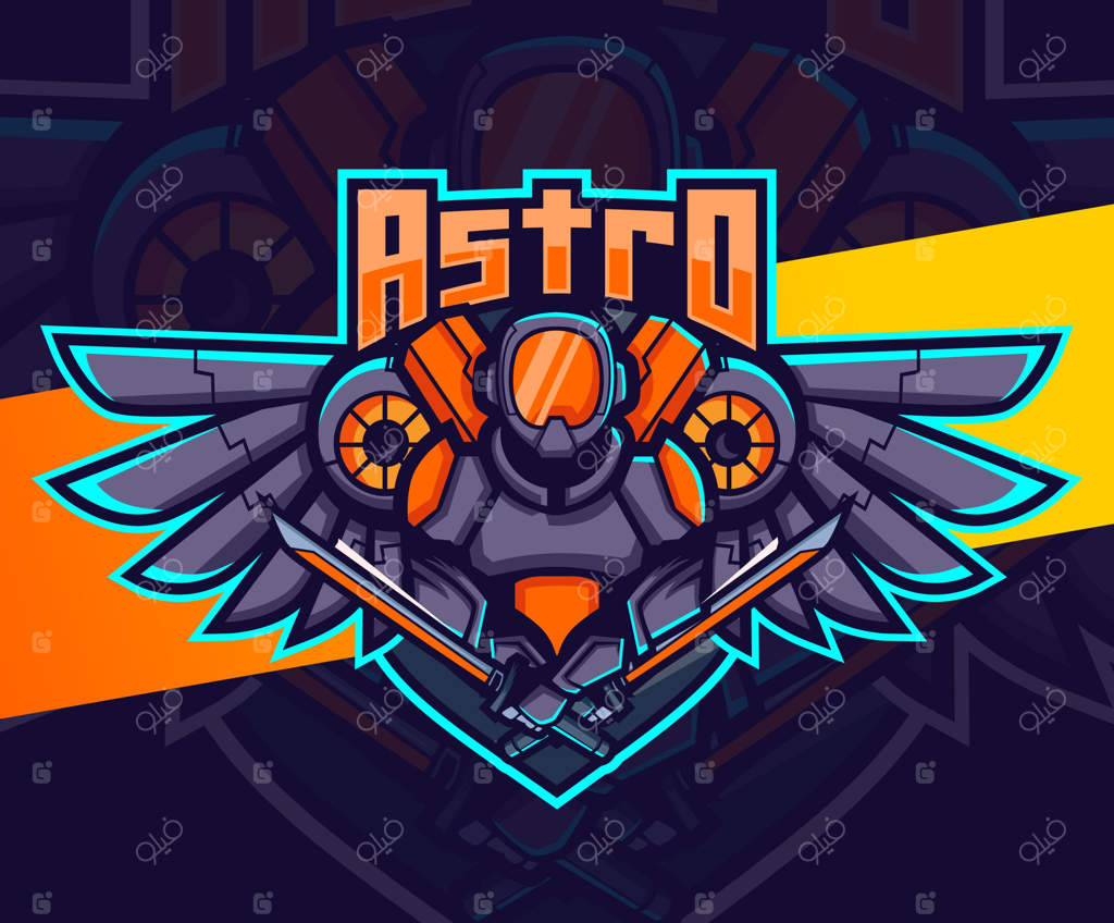 طراحی لوگوی مسکات ورزش‌های الکترونیک: ربات فضانورد بال‌دار