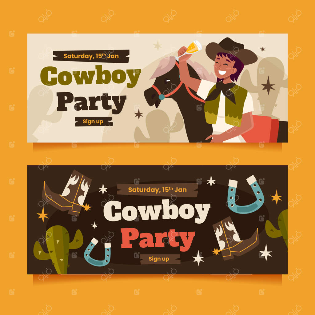 بنر افقی دستی طراحی شده برای مهمانی کابوی