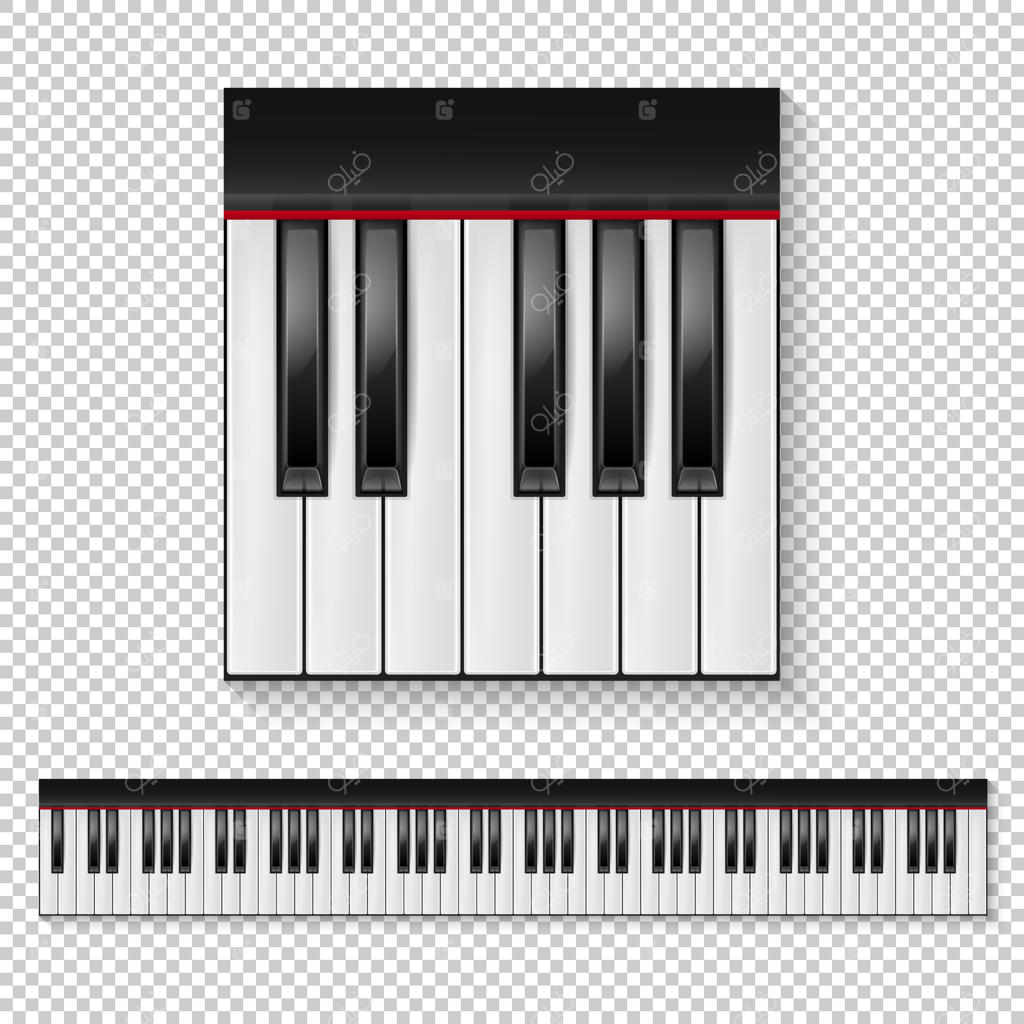 نمای نزدیک کلیدهای پیانو واقعی و مجموعه آیکون‌های صفحه‌کلید بر روی پس‌زمینه شفاف.