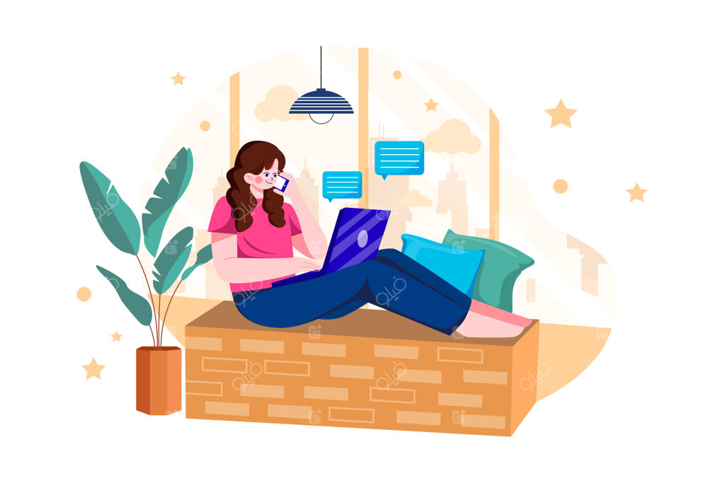 تصویر مفهومی: خانم فریلنسر در حال صحبت با تبلت کنار پنجره بر روی زمینه سفید