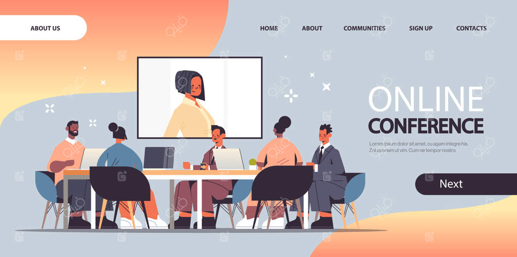 تجار در کنفرانس آنلاین: گفتگوی افراد بازرگان از نژادهای مختلف با زن تاجر در تماس تصویری - تصویر کامل و فضای کافی برای کپی‌رایت