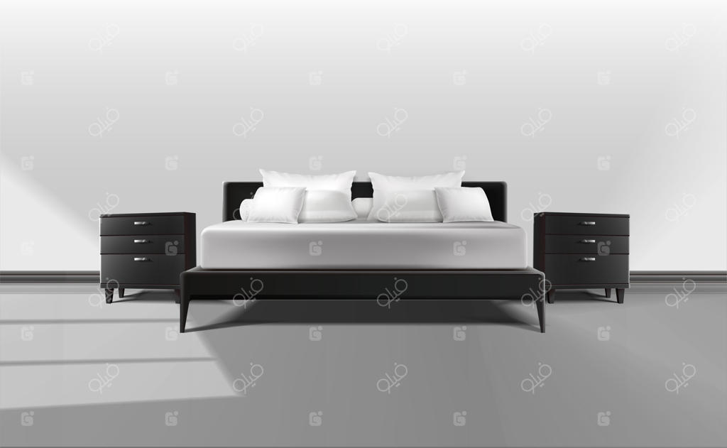 تخت کینگ سایز واقع‌گرایانه با ملحفه و بالش‌ها و میزهای کنار تخت