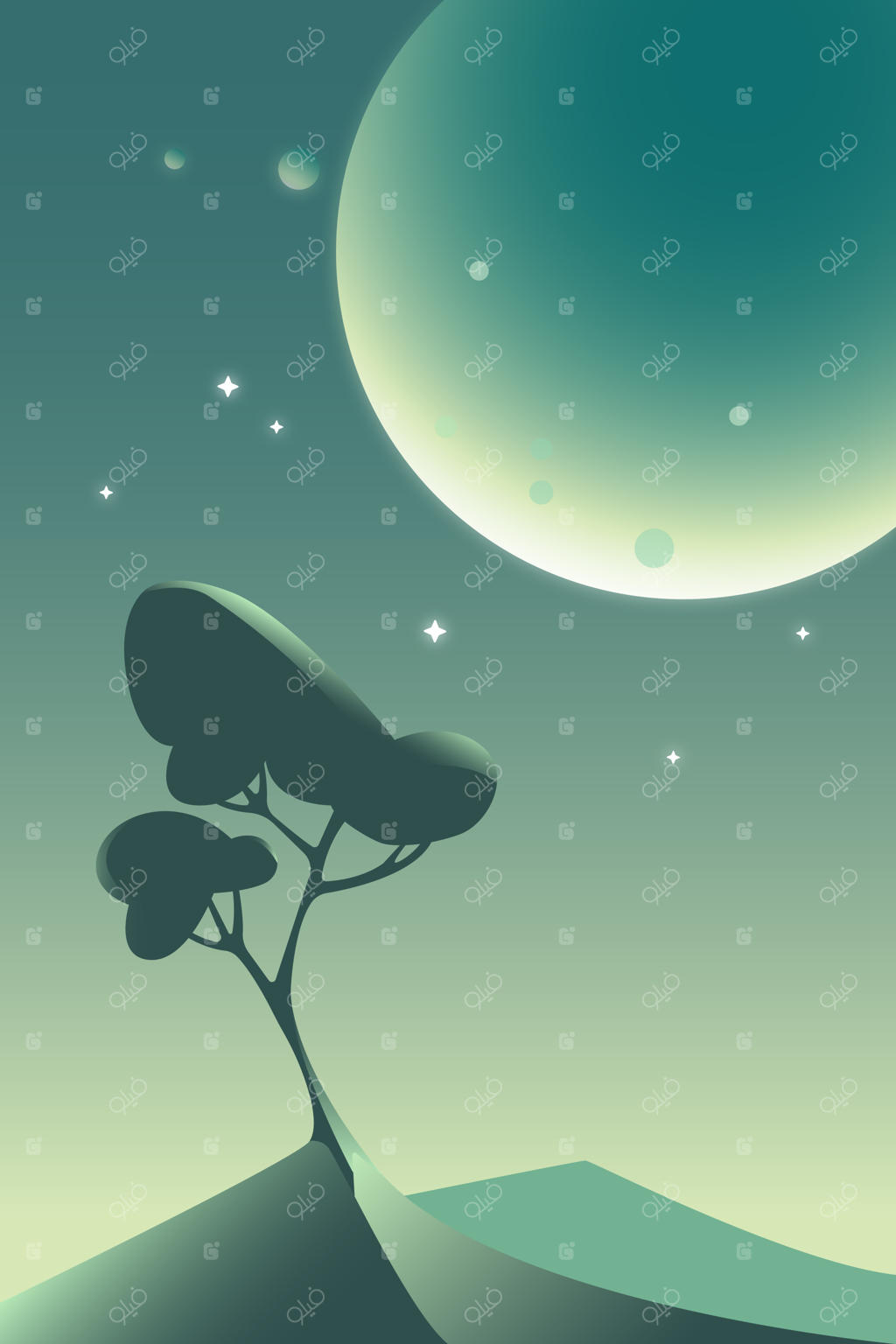 تصویر درخت تنها و ماه بزرگ