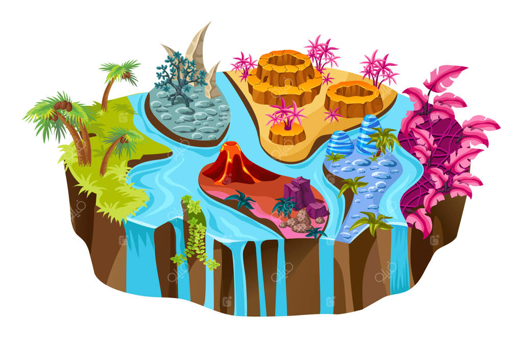 جزیره ایزومتریک با رودخانه‌ها و درختان.