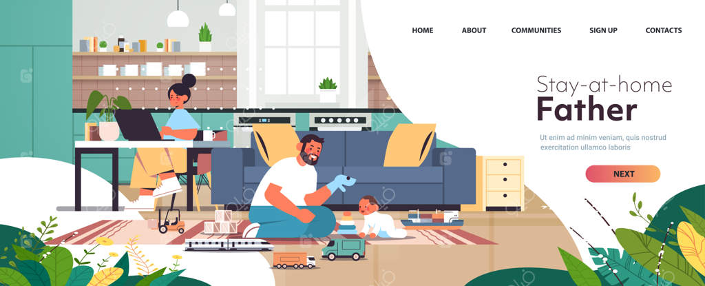 خانواده‌ای صمیمی در حال گذراندن وقت با هم؛ مادر مشغول لپ‌تاپ، پدر در حال بازی با پسر کوچک در خانه؛ مفهوم فرزندپروری در آشپزخانه، افقی، فضای خالی برای متن، تصویر برداری