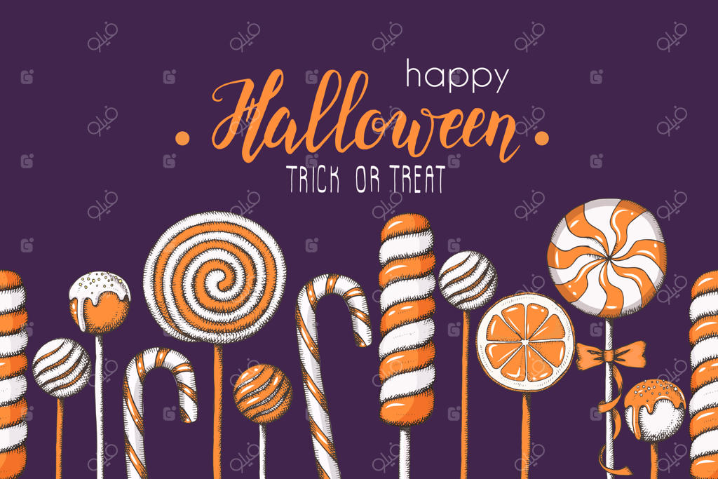 پترن یکپارچه هالووین با آب‌نبات‌های رنگی طراحی شده دستی