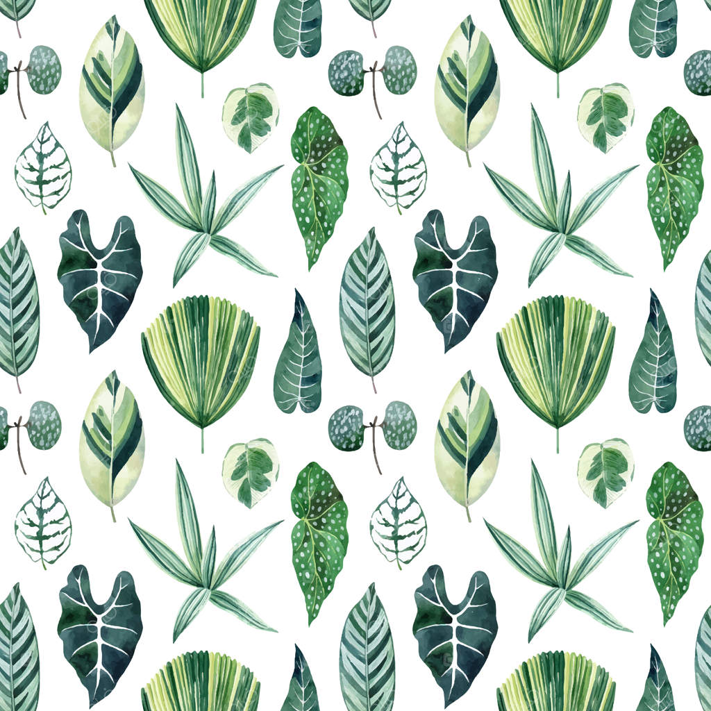 پترن برگ‌های گرمسیری آبرنگی با تریدسکانتیا، بگونیا و آلوکازیا