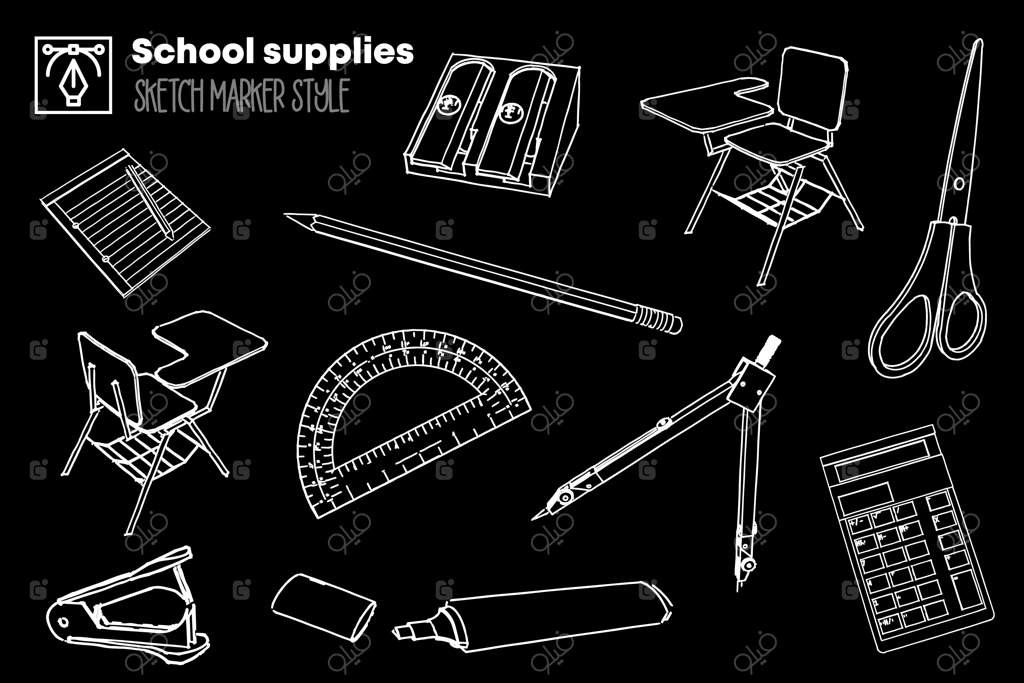 مجموعه‌ای از نقاشی‌های جداگانه وسایل مدرسه