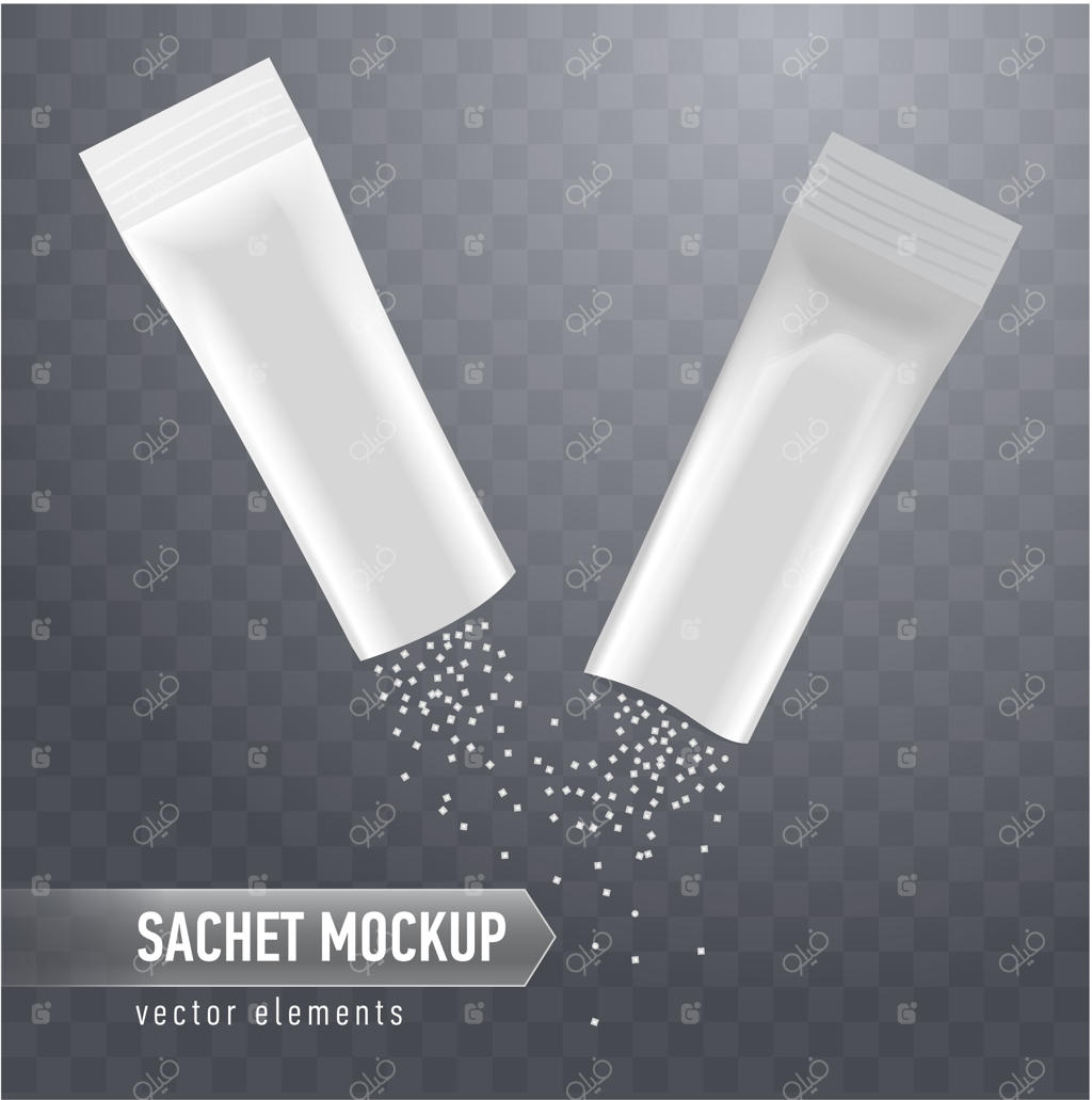 بسته‌بندی واقعی ساشه‌های چوبی، نمای جلو و پشت. بسته‌بندی خالی برای محصولات غذایی.