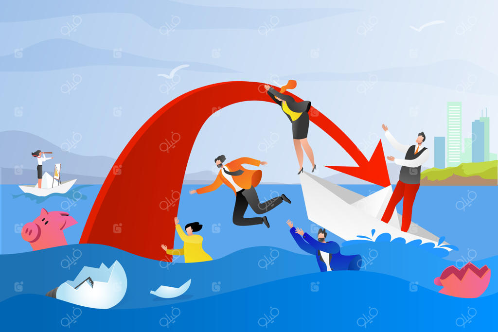 مفهوم مشکلات کسب‌وکار، کار، بحران شغلی و مالی، تصویرسازی. بقا در شرکت و تجارت، سقوط در بحران اقتصادی، دریای مشکلات. سقوط مالی.