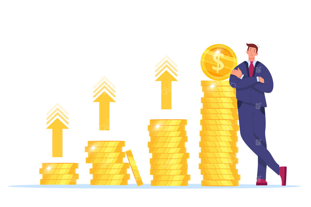 افزایش درآمد: رشد سود و بازده سرمایه‌گذاری با تصویرسازی مدیر و سکه‌های طلایی.