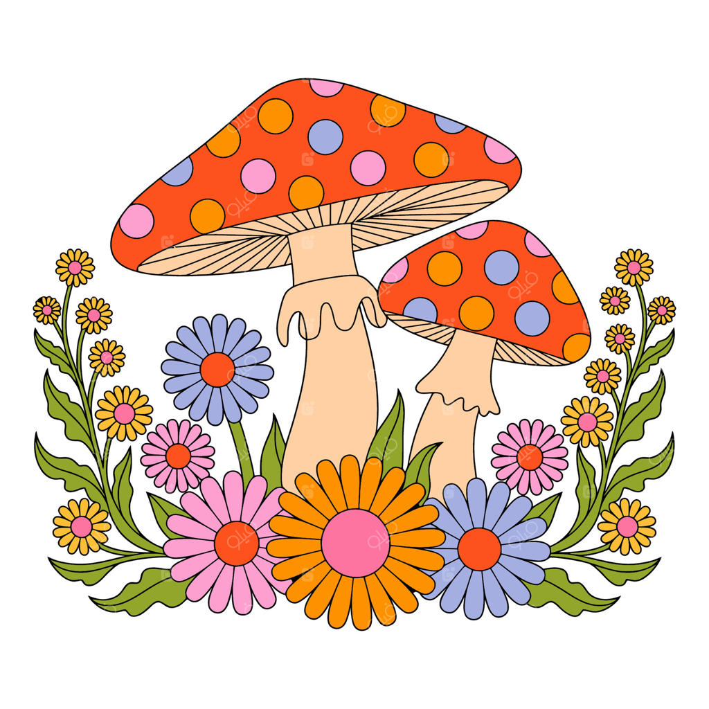 تصویر کارتونی قارچ‌ها و گل‌های رنگارنگ