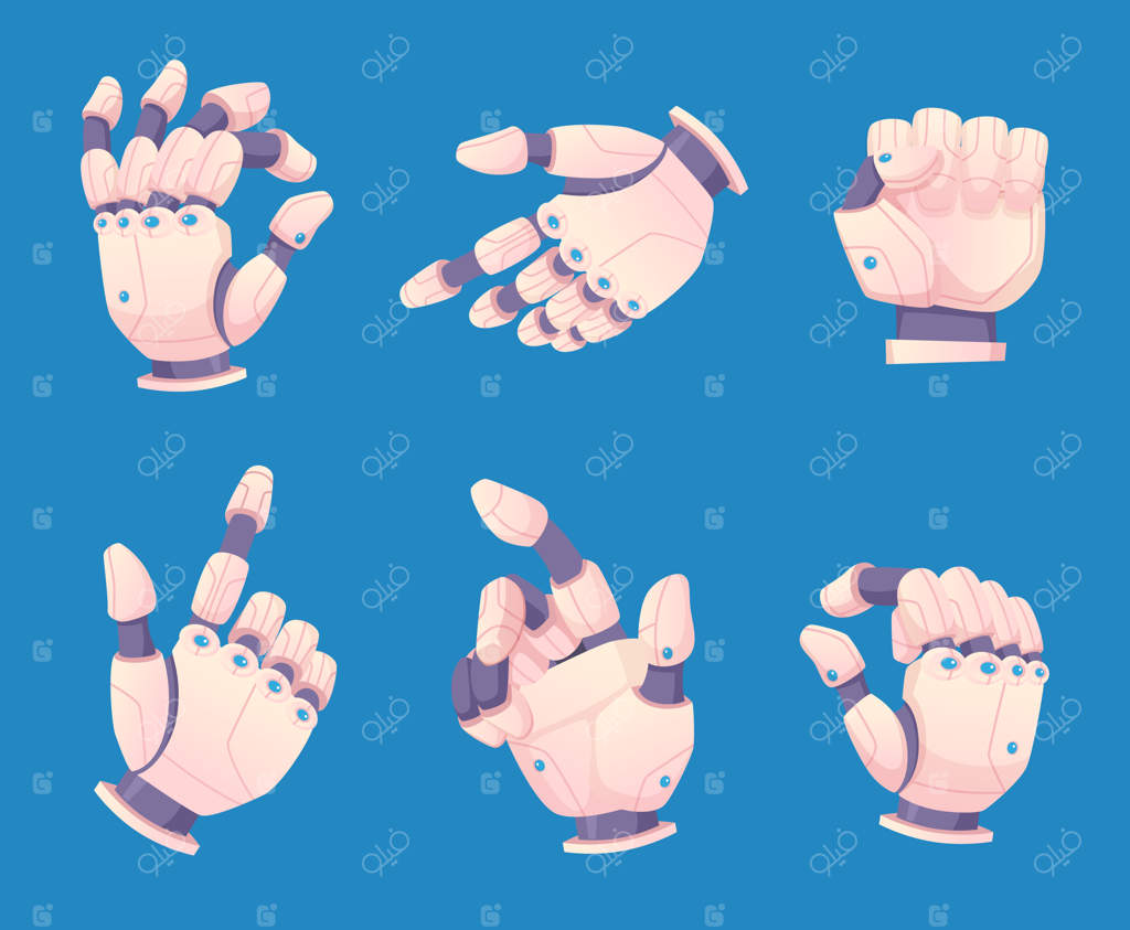 دست‌های رباتیک: مجموعه حرکات دست انسان با مکانیسم بایونیک و مکانیکی. تصویرسازی تجهیزات الکترونیک، مهندسی بازو، و ابزارهای سایبورگ.