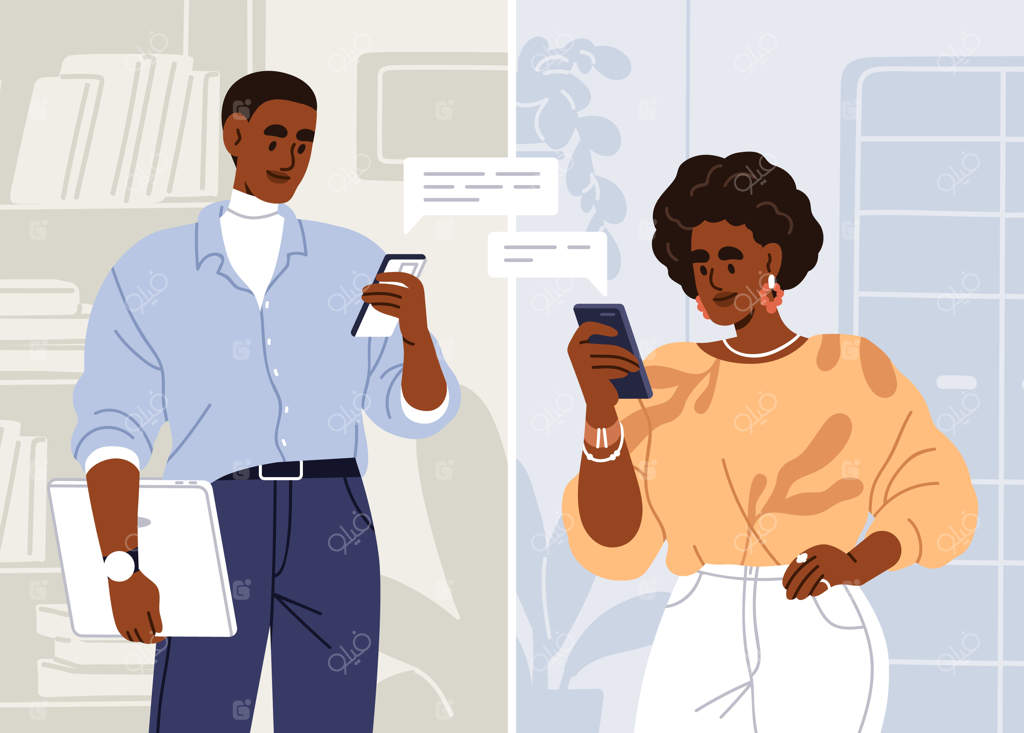 ارتباط چت آنلاین بین زنان و مردان تجاری با استفاده از تلفن همراه: پیام‌های کاری و خواندن پیام‌ها توسط همکاران و کارمندان - تصویر برداری تخت